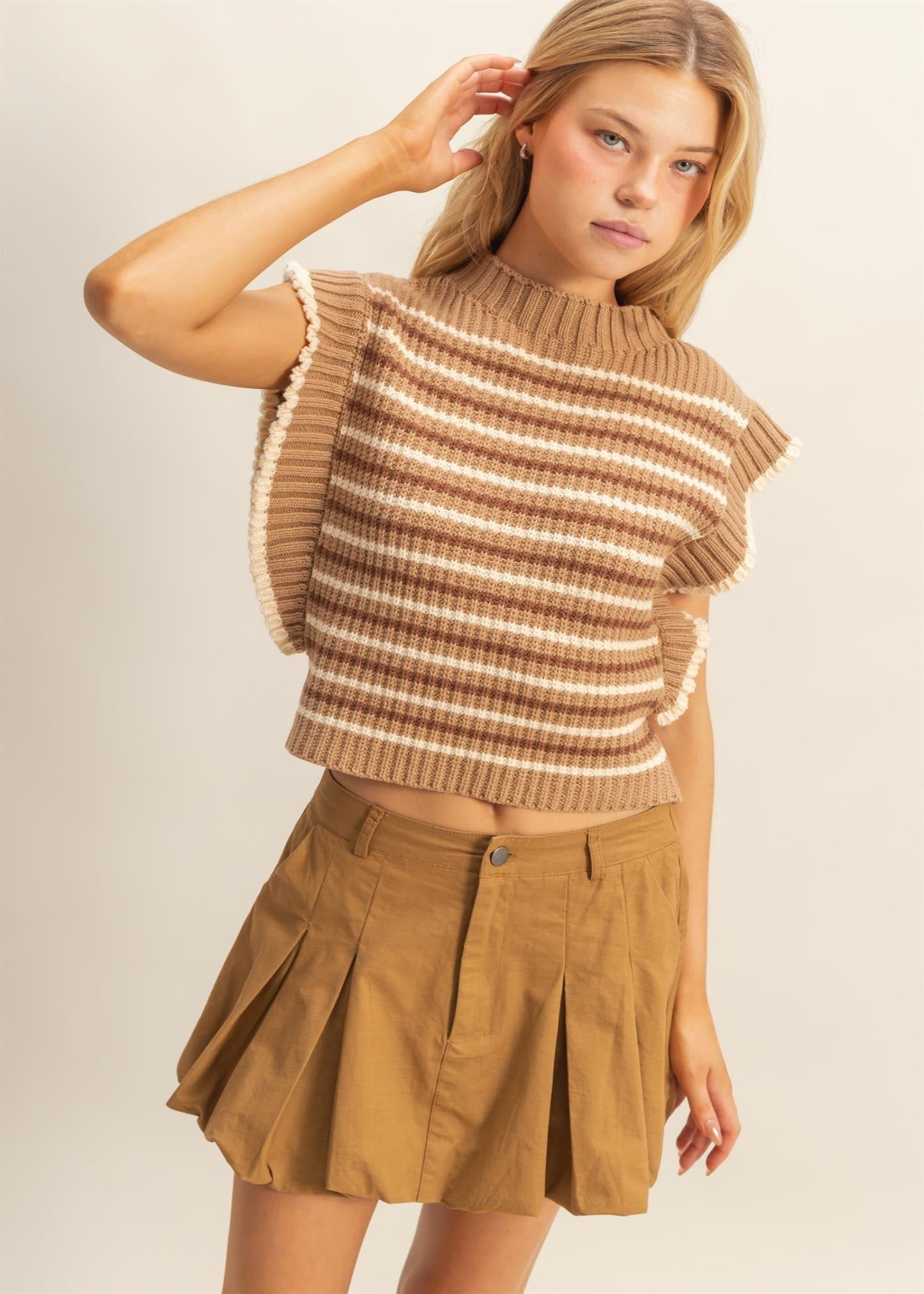 KATE STRIPED SLEEVELESS SWEATER VEST - L. OLIVE
