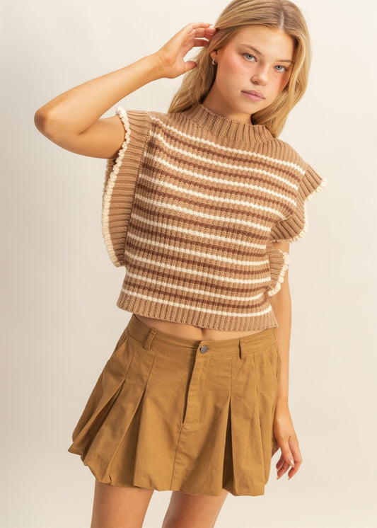 KATE STRIPED SLEEVELESS SWEATER VEST - L. OLIVE