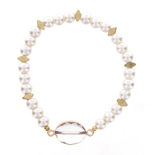 Pearl Beaded Stretch Bracelet with Crystal Oval