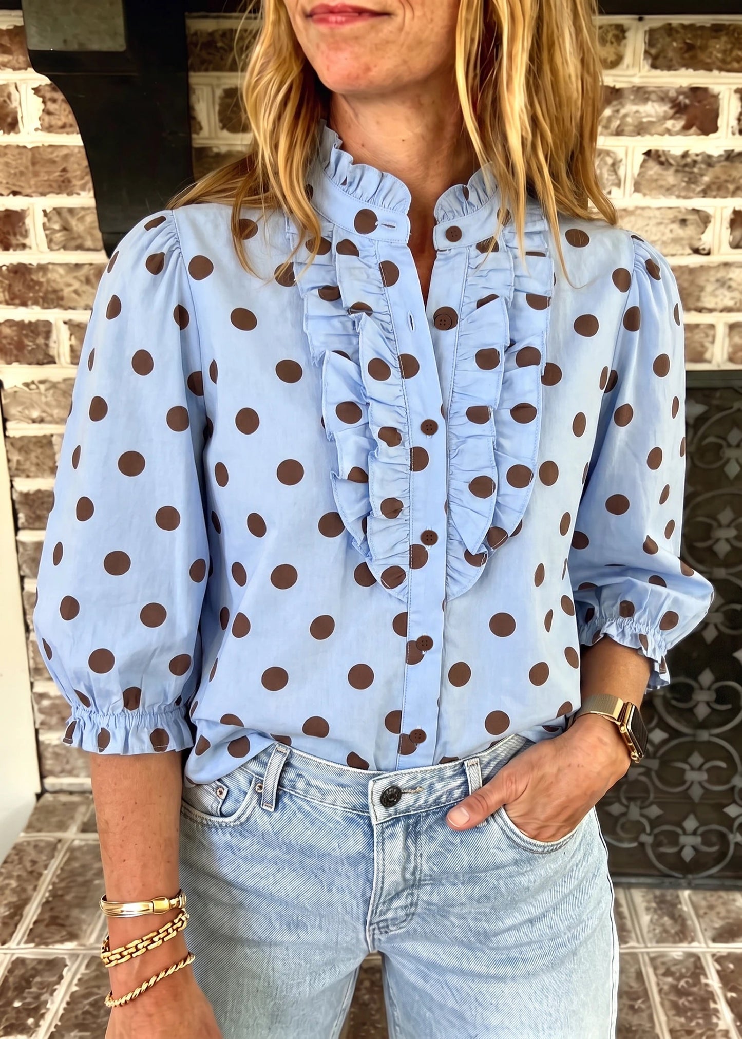 ALI TOP - BLUE AND BROWN POLKA DOT