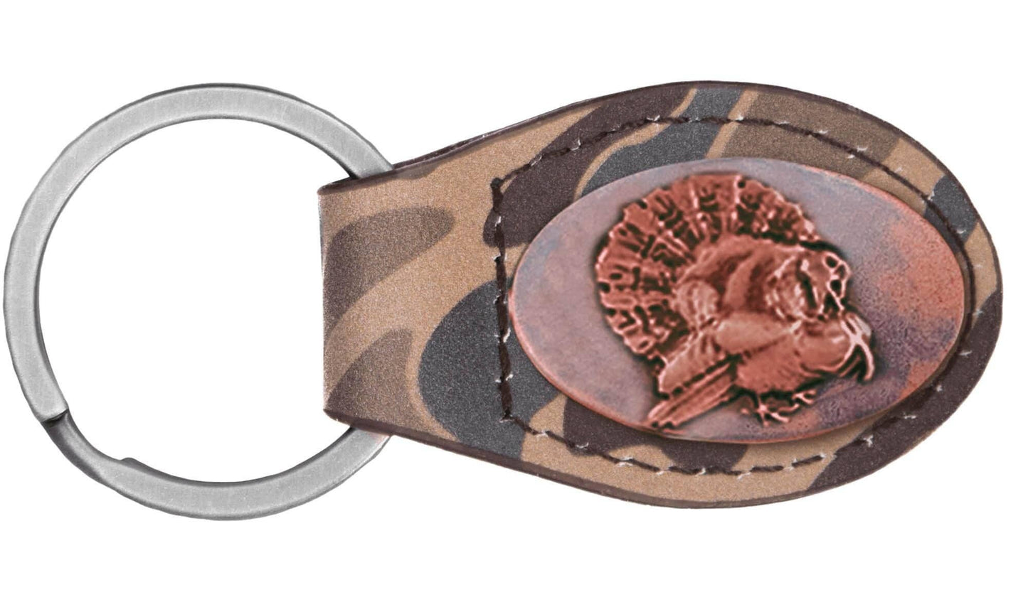 Brown Old School Camo Leather Key Fob. Bass, Lab, Deer, Mallard, Turkey, Shot Shell, USA Flag