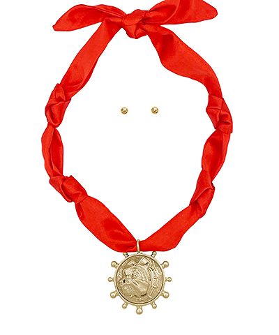 BULLDOG HEAD PENDANT SCARF NECKLACE RED