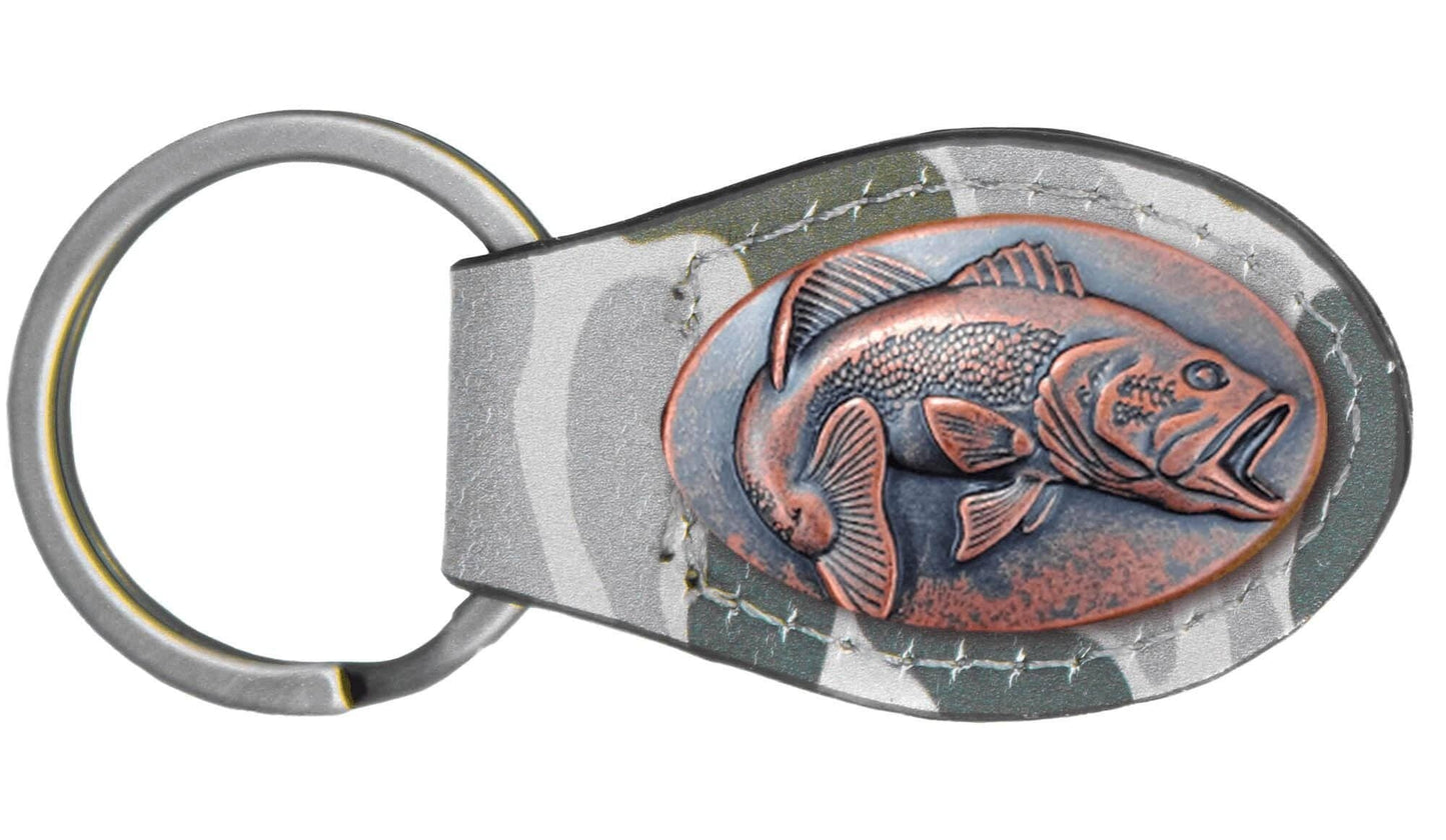 Green Old School Camo Leather Key Fob. Bass, Lab, Deer, Mallard, Turkey, Shot Shell, USA Flag