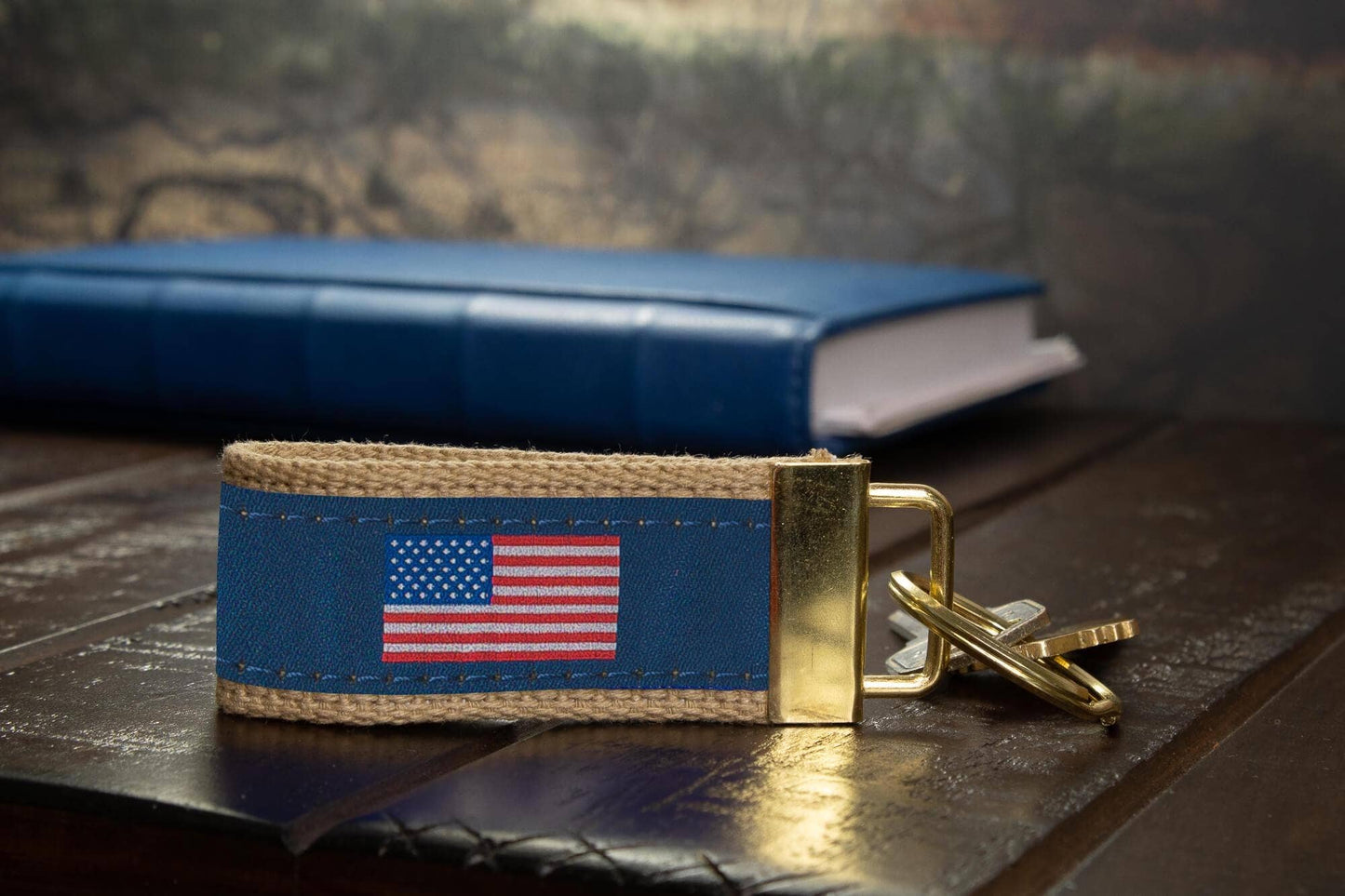 American Flag Woven Ribbon Key Chain. USA Key Fob. Americana Gift. Stars and Stripes Key Ring. Brass Clasp and O-Ring.