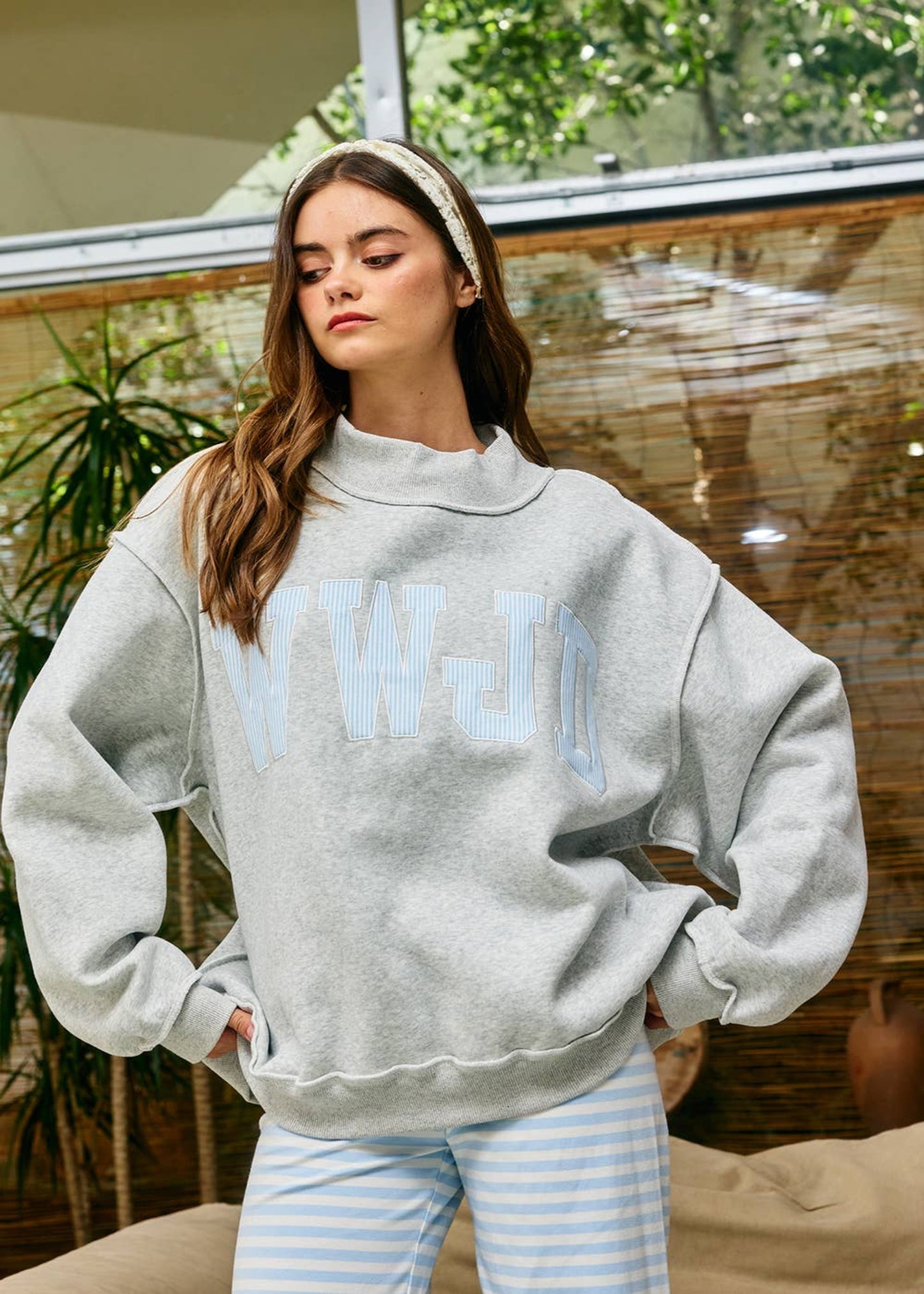 Stripe Embroidered "WWJD" Mock Neck Sweatshirt