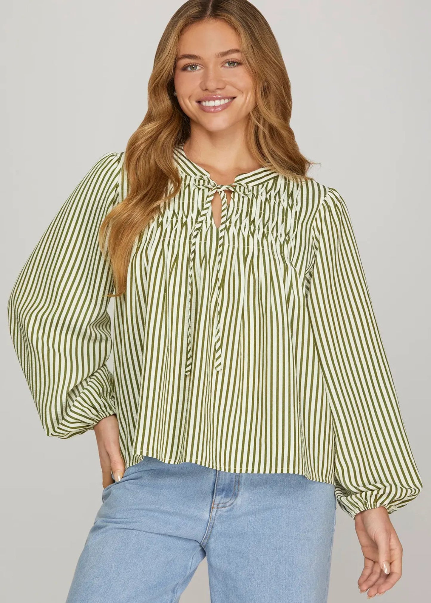 AVA STRIPED WOVEN TOP - OLIVE