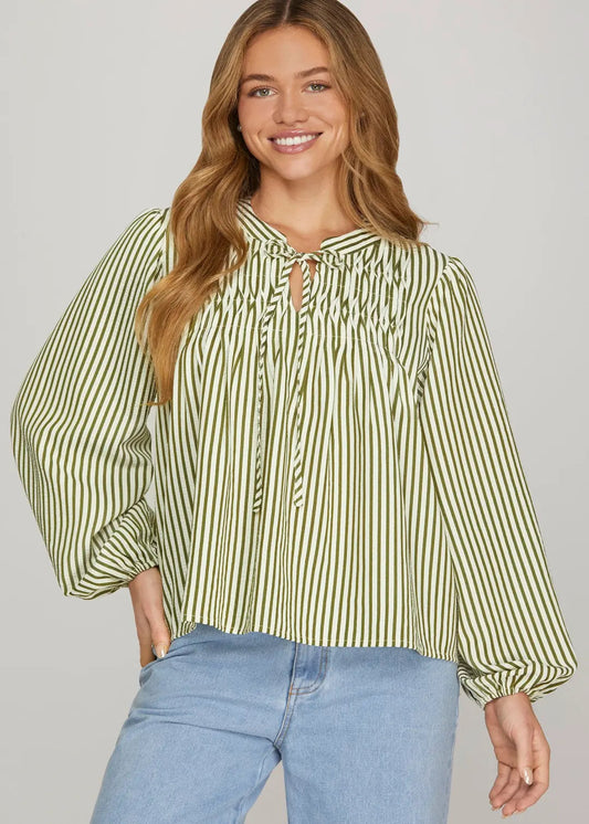 AVA STRIPED WOVEN TOP - OLIVE