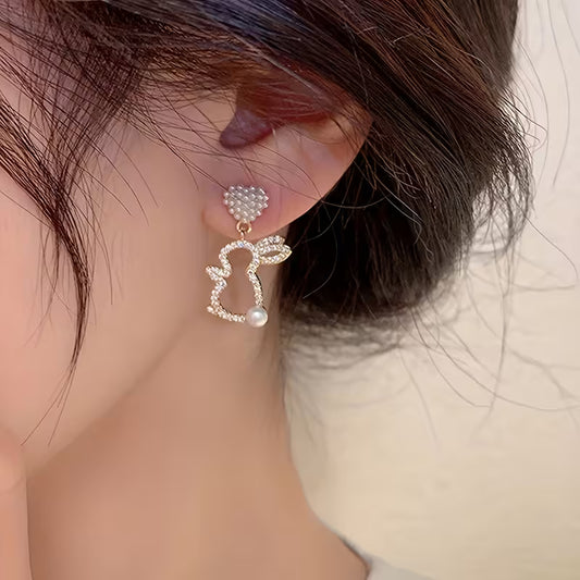 CUTE BUNNY EARRINGS - PEARL AND RHINESTONE