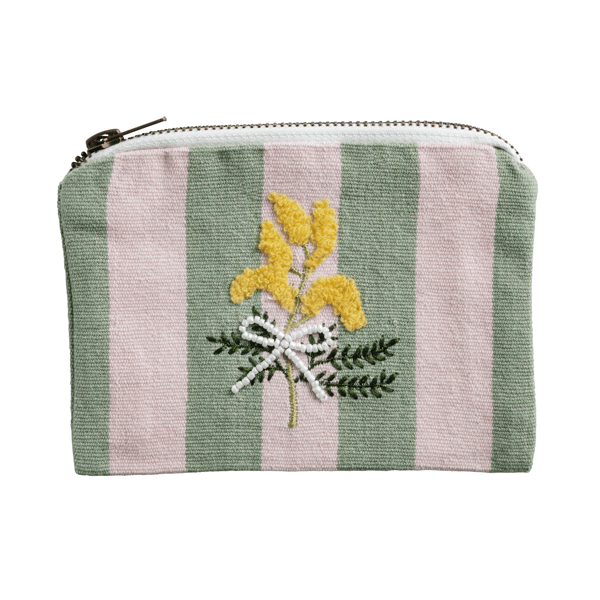 Pink Stripe Flower Embroidered Pouch