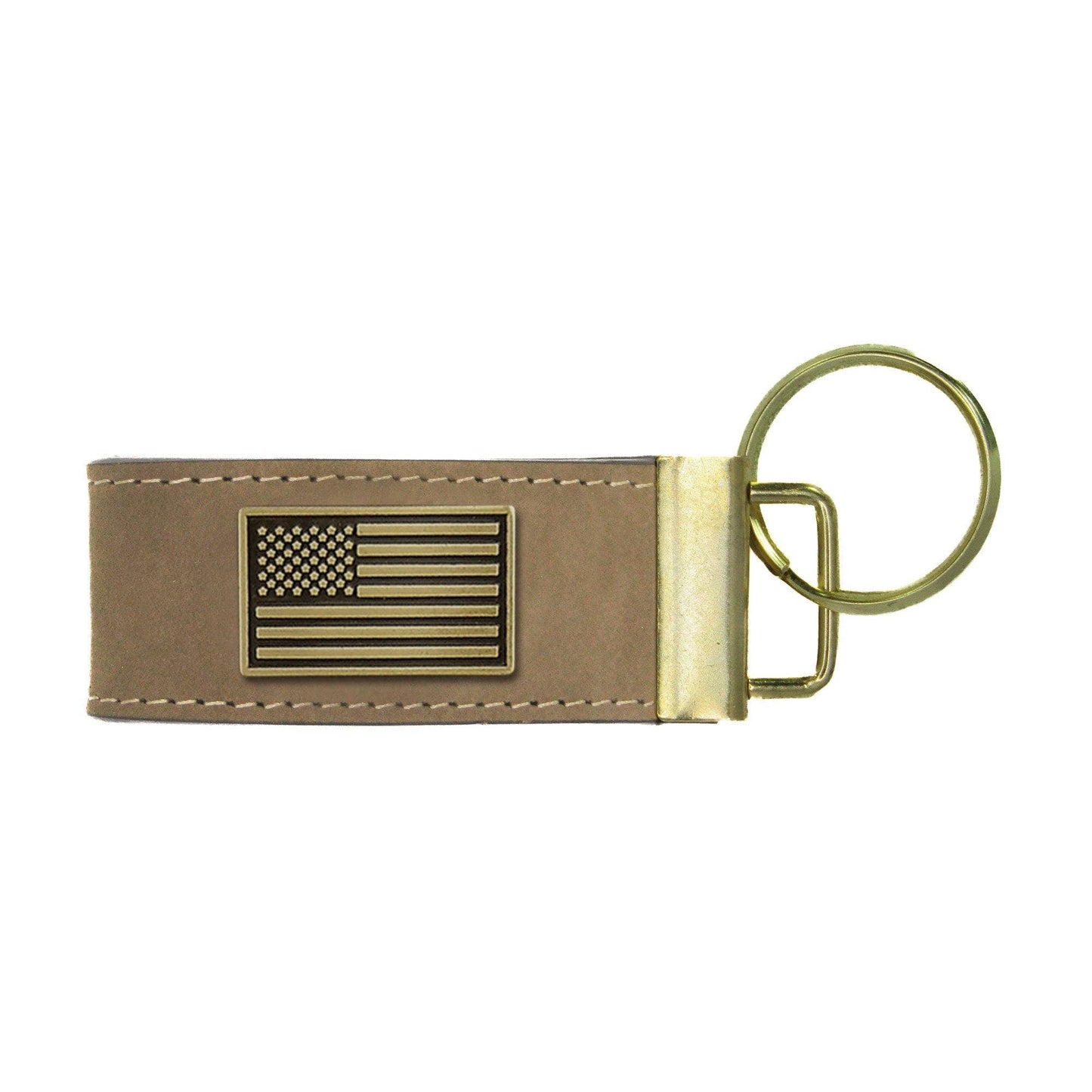 Leather Loop Key Fob. Crazyhorse Full Grain Leather With Antique Brass Logo. American Flag, Shotshell, SC Palmetto, Cotton Boll