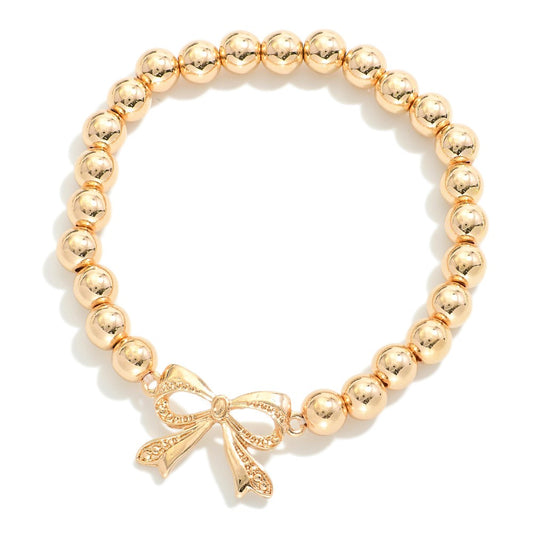 Metal Tone Beaded Stretch Bracelets With Bow Charm