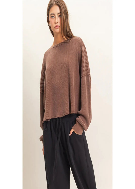 WAFFLE OVERSIZED TOP - BROWN