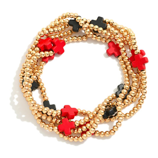 Set of Five Gold Tone Beaded Stretch Bracelets Featuring Criss Cross Bead Stations