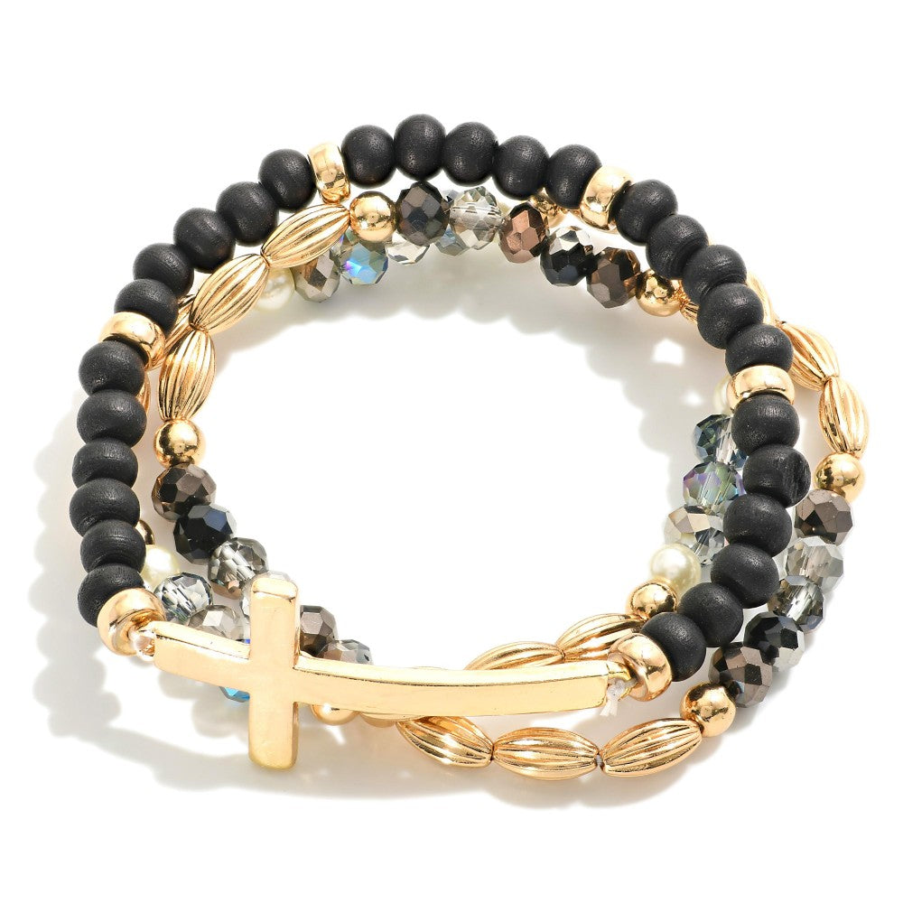 SET OF 3 CROSS BRACELETS - BLACK/GOLD
