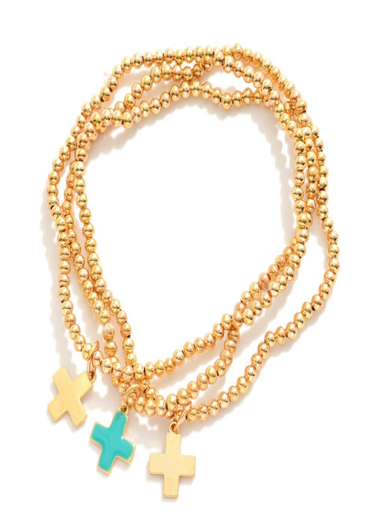 Set Of Three Metal Tone Beaded Stretch Bracelets Featuring Enamel Plus Crosses: Teal