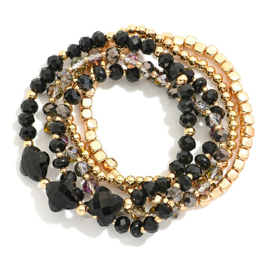 Set Of Five Beaded Stretch Bracelets Featuring Faceted Beads, Metal Tones, &amp; Stone Clovers