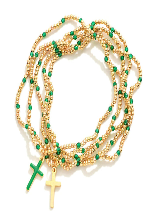 Set Of Five Petite Metal Tone Beaded Bracelets Featuring Enamel Crosses & Faceted Beads: Green