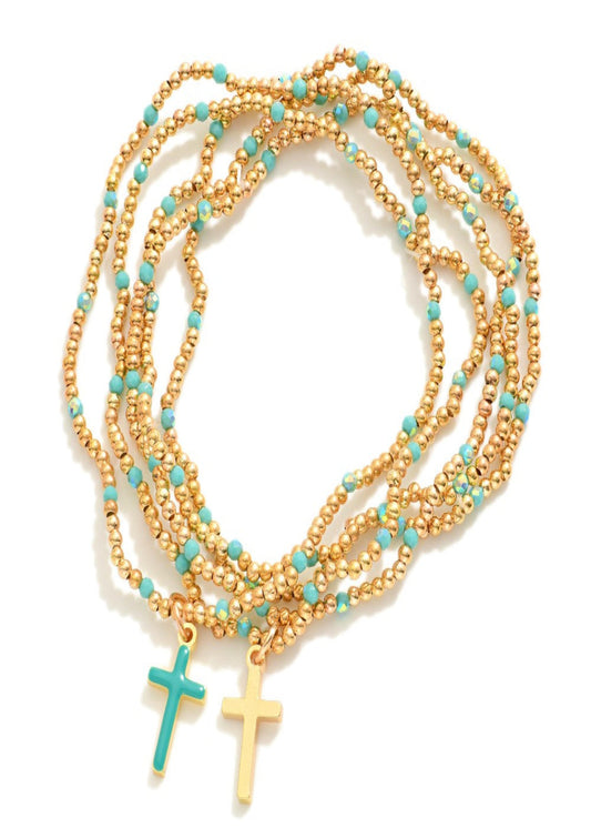 Set Of Five Petite Metal Tone Beaded Bracelets Featuring Enamel Crosses & Faceted Beads: Turquoise