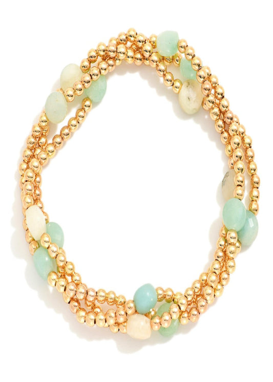 Metal Tone Beaded Stretch Bracelets Featuring Faceted Stone Beads: Amazonite
