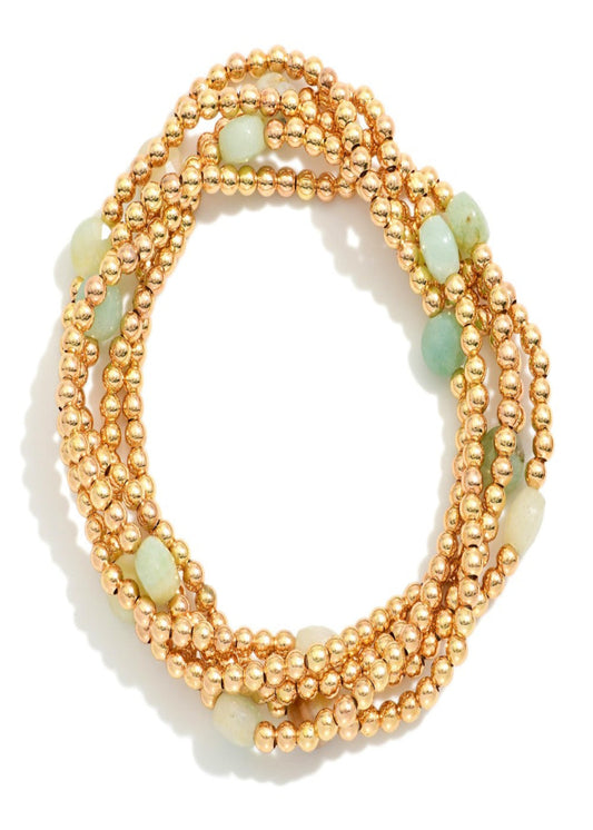 Set Of Five Metal Tone Beaded Stretch Bracelets Featuring Faceted Stone Beads: Amazonite