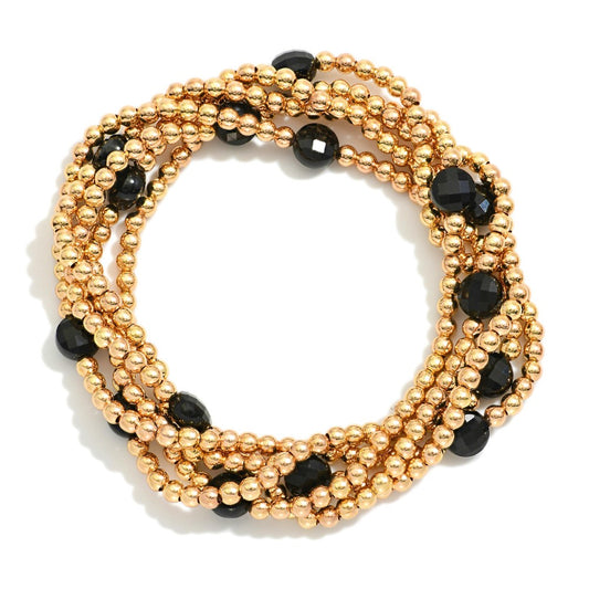 Set Of Five Metal Tone Beaded Stretch Bracelets Featuring Faceted Stone Beads BLACK
