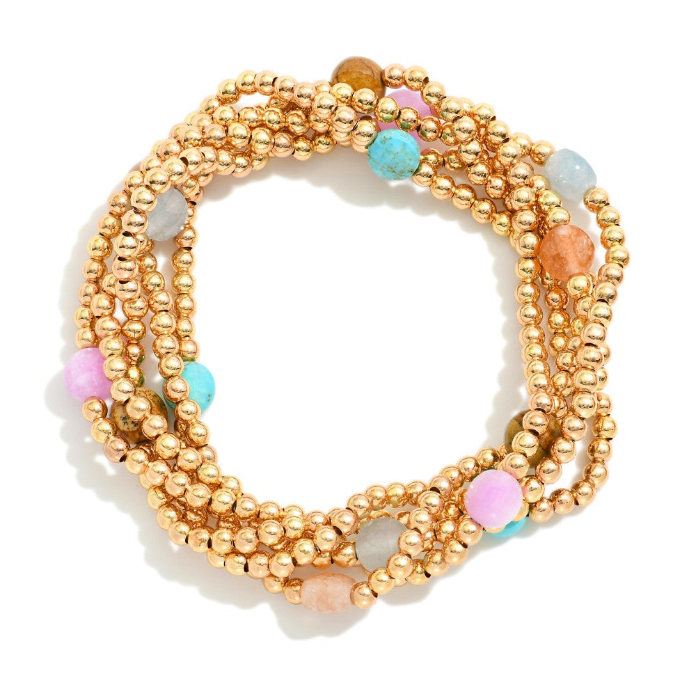 Set Of Five Metal Tone Beaded Stretch Bracelets Featuring Faceted Stone Beads MULTICOLORED