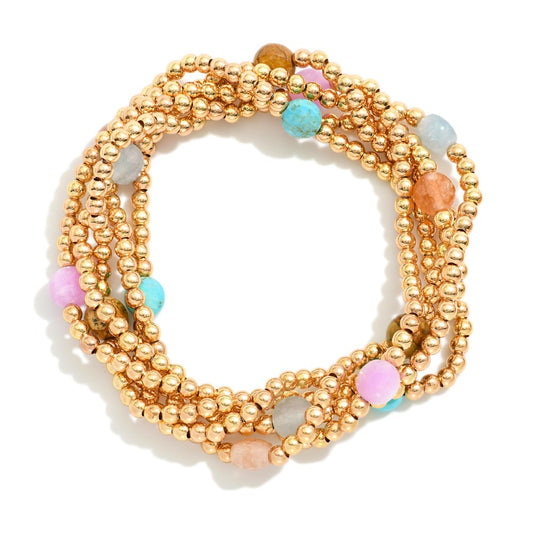 Set Of Five Metal Tone Beaded Stretch Bracelets Featuring Faceted Stone Beads MULTICOLORED