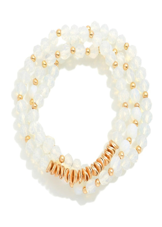 Set Of Thee Beaded Stretch Bracelets Featuring Metal Tone Disk & Faceted Stone Beads: Crystal