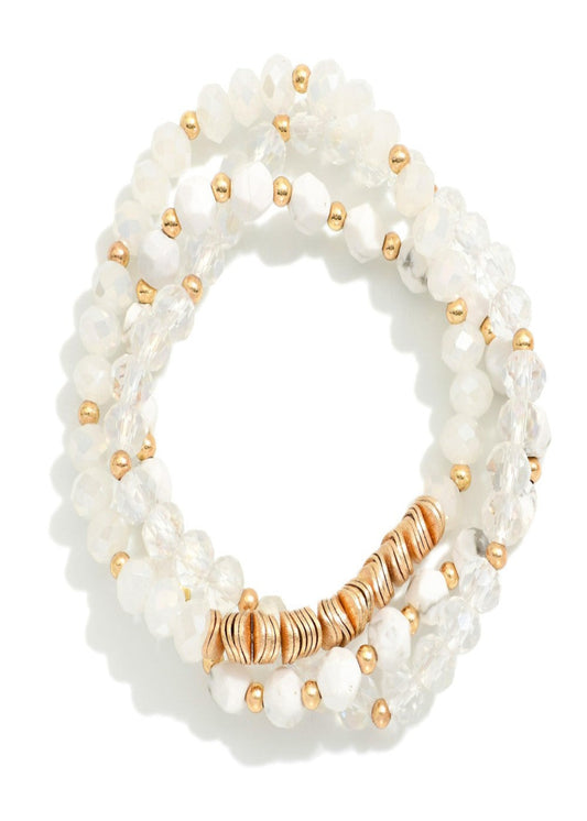 Set Of Thee Beaded Stretch Bracelets Featuring Metal Tone Disk & Faceted Stone Beads: White