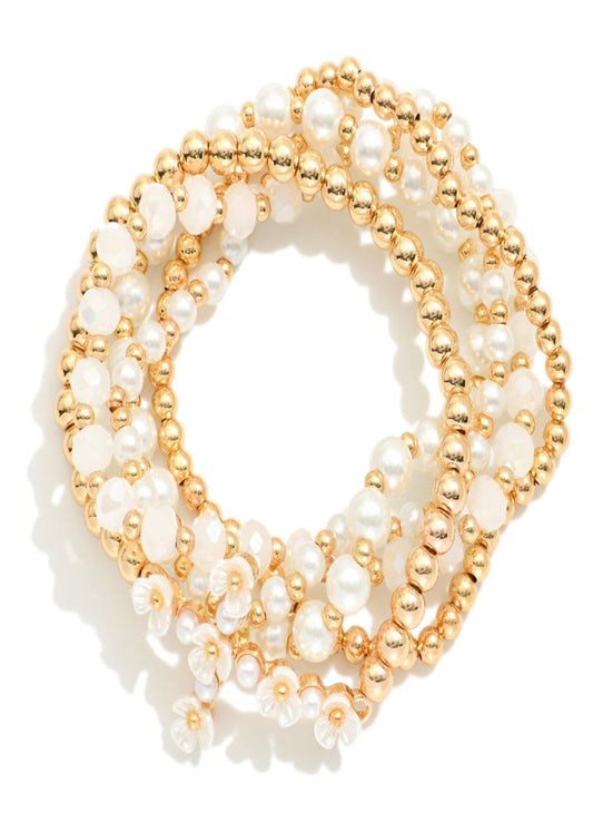 Set Of Five Beaded Stretch Bracelets Featuring Metal Tones, Faceted Beads, Flower Cross & Pearls