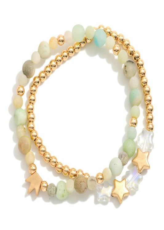 Set Of Two Beaded Stretch Bracelet Featuring Stone Beads & Star Beads: Mint