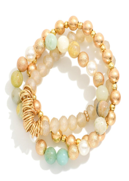 Set Of Three Beaded Stretch Bracelets Featuring Metal Tones, Glass Beads & Rings: Mint