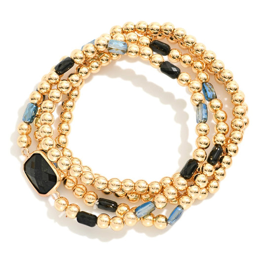 Set Of Four Metal Tone Beaded Stretch Bracelets Featuring Glass Crystal Beads