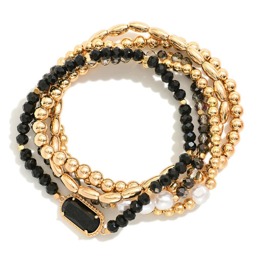Set Of Five Beaded Stretch Bracelets Featuring Metal Tones, Faceted Beads, & Glass Crystal Accent