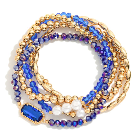 Set Of Five Beaded Stretch Bracelets Featuring Metal Tones, Faceted Beads, & Glass Crystal Accent (Copy)