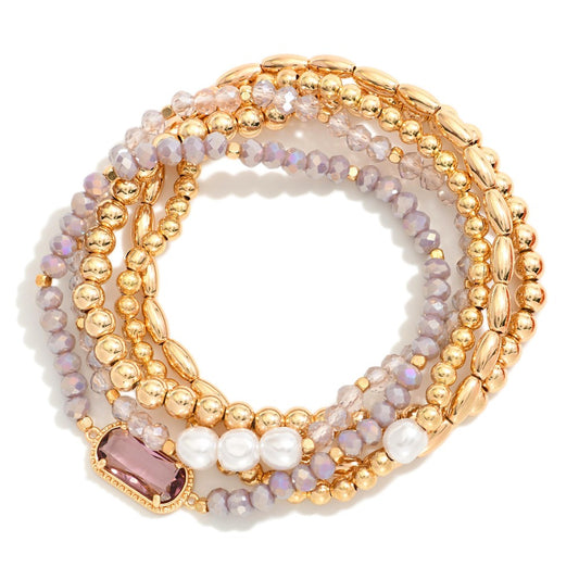 Set Of Five Beaded Stretch Bracelets Featuring Metal Tones, Faceted Beads, & Glass Crystal Accent