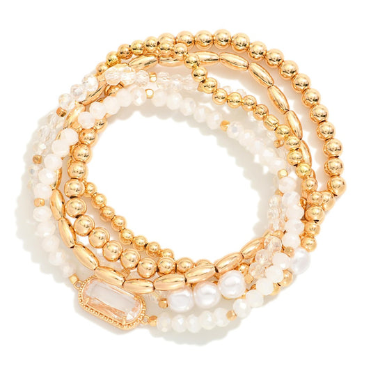 Set Of Five Beaded Stretch Bracelets Featuring Metal Tones, Faceted Beads, &amp; Glass Crystal Accent