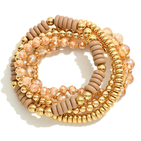 Set Of Five Beaded Stretch Bracelets Featuring Metal Tones, Faceted Beads, Wood Disk Beads
