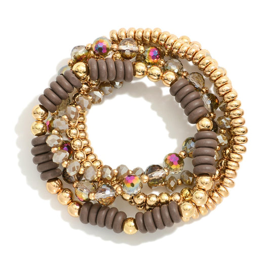 Set Of Five Beaded Stretch Bracelets Featuring Metal Tones, Faceted Beads, Wood Disk Beads (Copy)