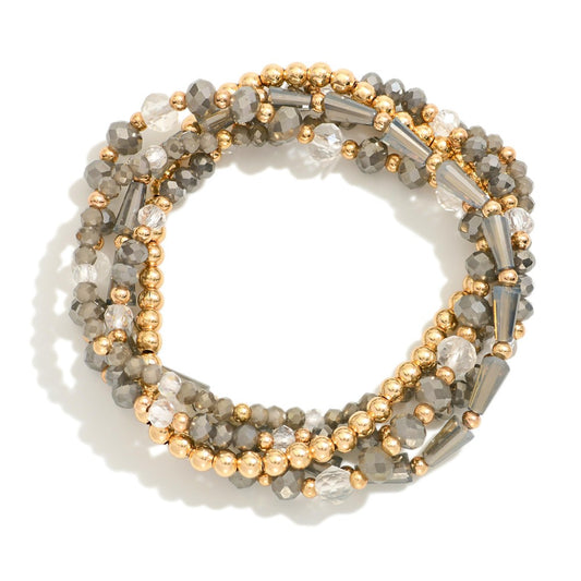 Set Of Five Beaded Stretch Bracelets Featuring Metal Tones, Faceted Beads, & Glass Crystal GREY
