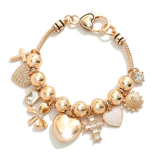 Snake Chain Bracelet featuring Metal Tone Chunky Beads, Hearts & Crosses