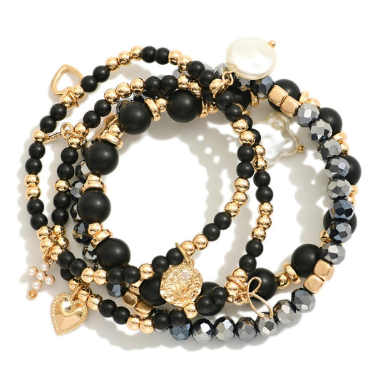 Set Of Four Beaded Stretch Bracelets Featuring Semi Precious Stone, Pearl, &amp; Faceted Beads