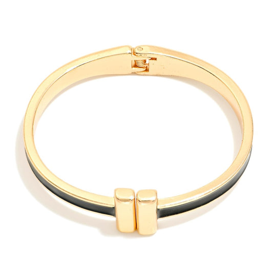 Metal Hinged Bangle Bracelet With Gold Tone Bar Closure