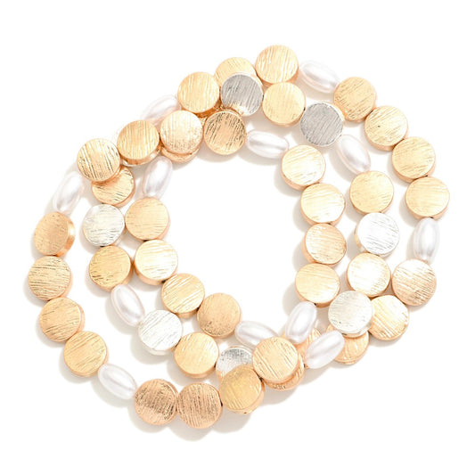SET OF THREE BEADED STRETCH BRACELETS FEATURING BRUSHED FLAT BEADS & PEARLS