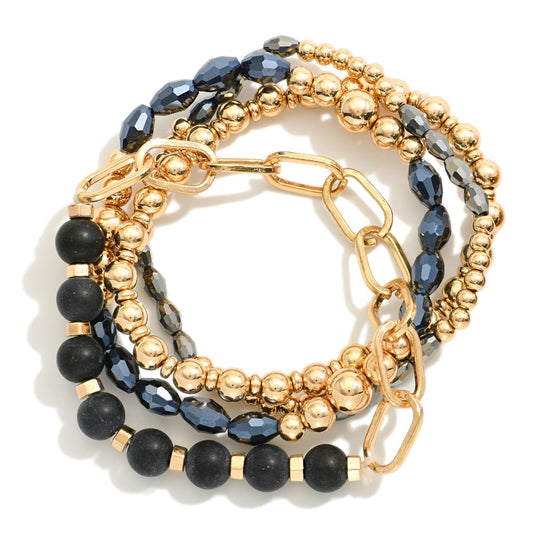 Set Of Four Beaded Stretch Bracelets Featuring Semi-Precious Stone, Faceted Beads, & Chain Link Accent