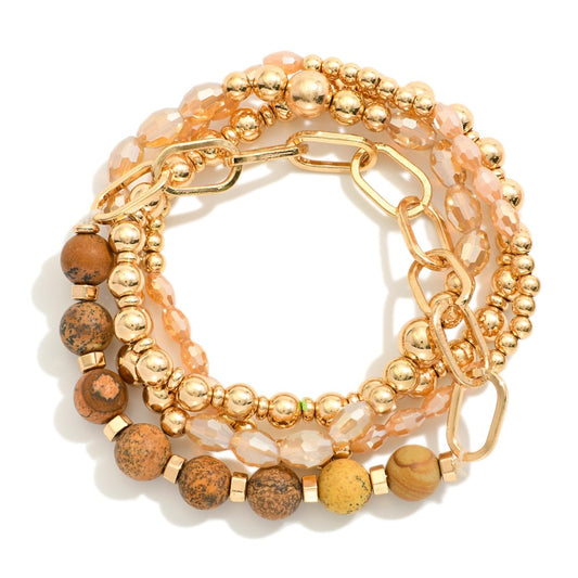 Set Of Four Beaded Stretch Bracelets Featuring Semi-Precious Stone, Faceted Beads, & Chain Link Accent