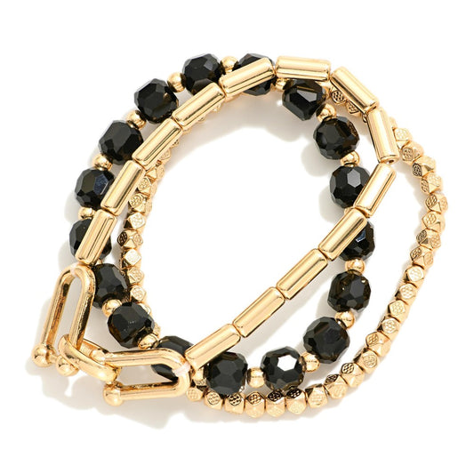 Set Of Three Beaded Stretch Bracelets Featuring Faceted Beads, Metal Tone, &amp; U Link Detail