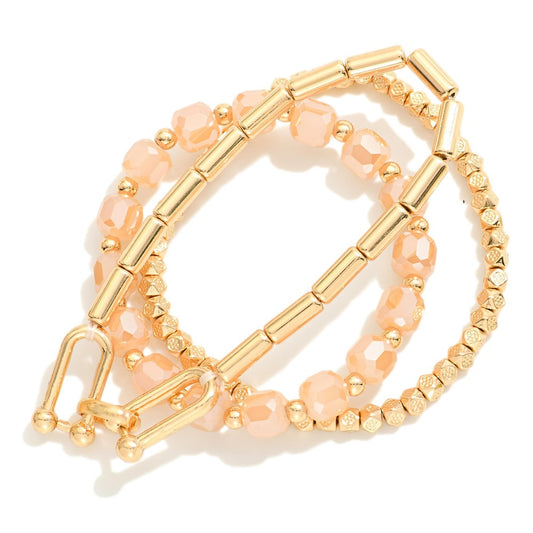 Set Of Three Beaded Stretch Bracelets Featuring Faceted Beads, Metal Tone, &amp; U Link Detail