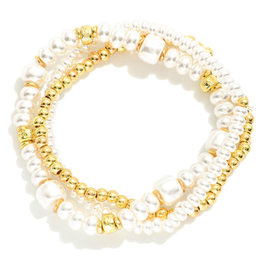 Set Of Three Beaded Stretch Bracelets Featuring Pearls & Metal Tones