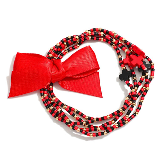 SET OF FIVE GAME DAY BEADED STRETCH BRACELETS FEATURING RIBBON BOW